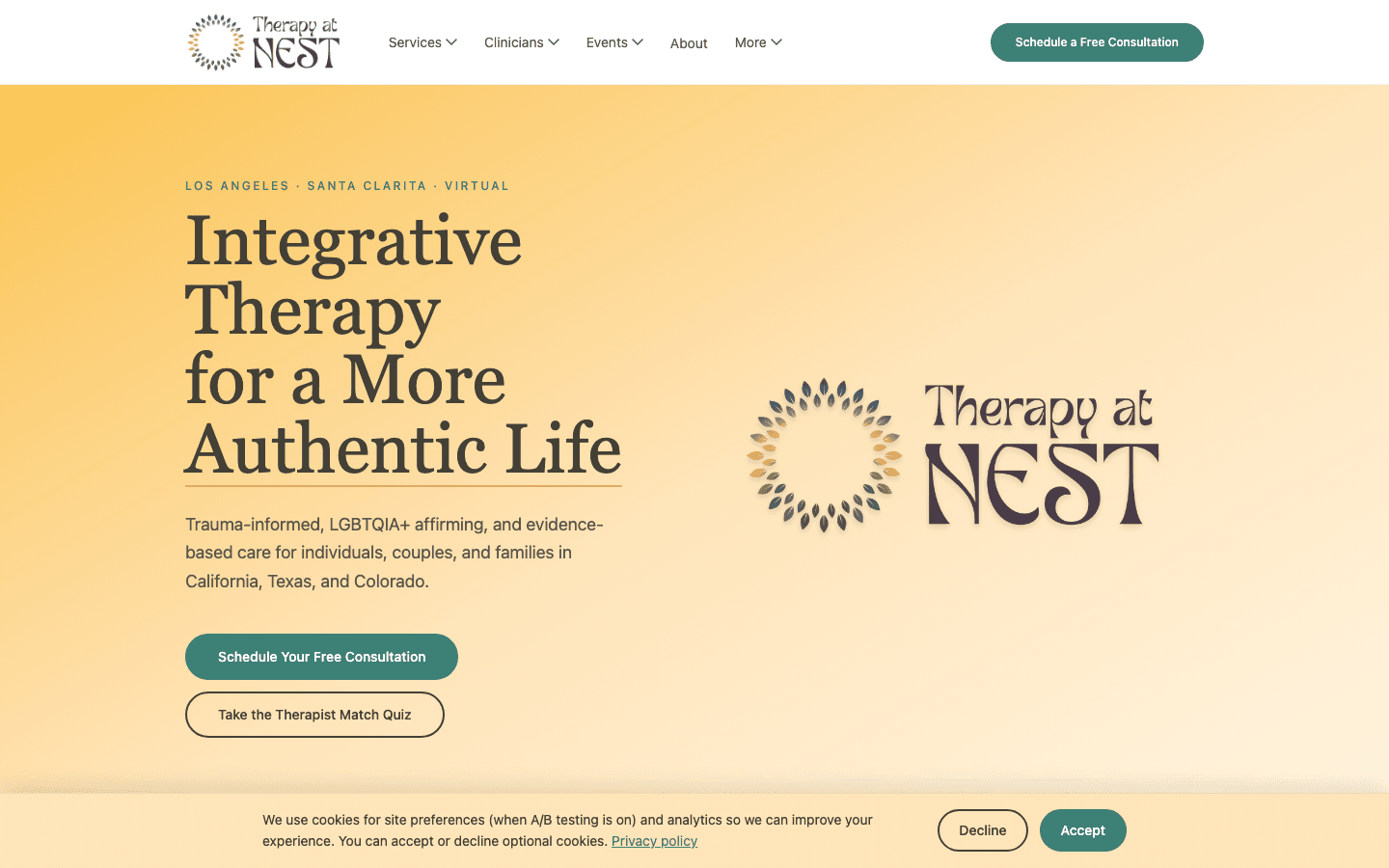 Therapy at NEST homepage after the rebuild, with services and clinician navigation